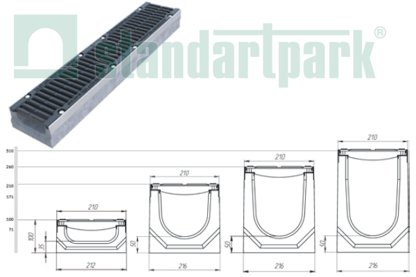 Комплект: лоток бетонный DN150 H100 с чугунной решеткой Drive