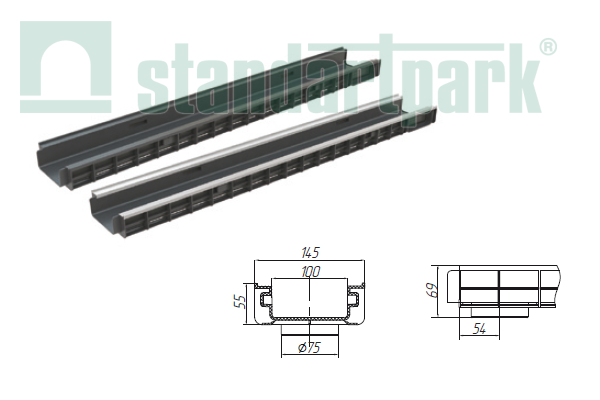 Лоток пластиковый DN 100 H 55 с вертикальным водоотводом