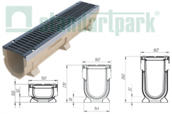 Комплект: лотки полимербетонные Compomax® DN 100 H 100 - H 260 с чугунной решеткой Drive