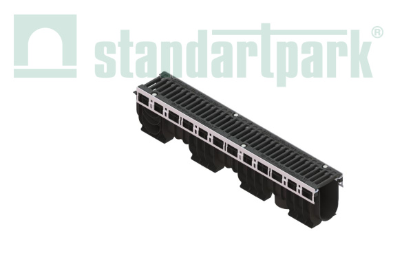 Лоток водоотводный PolyMax Drive DN100 h216 пластиковый с решеткой щелевой чугунной ВЧ кл.С (комплект) - Стандартпарк, рис. 1