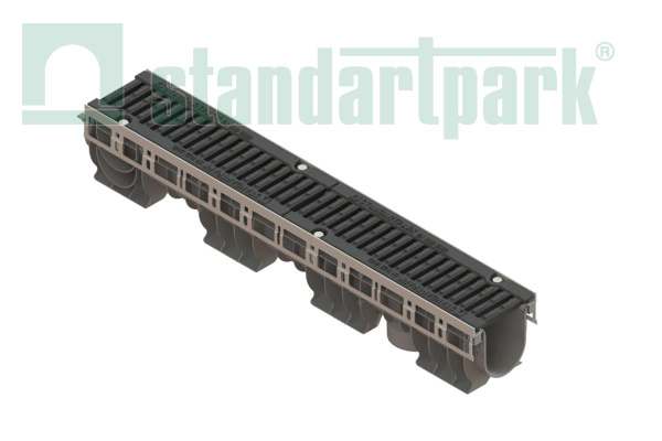 Лоток водоотводный PolyMax Drive DN100 h170 пластиковый с решеткой щелевой чугунной ВЧ кл.D (комплект) - Стандартпарк, рис. 1