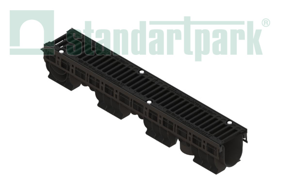 Лоток водоотводный PolyMax Drive DN100 h170 пластиковый с решеткой щелевой чугунной ВЧ кл.С (комплект) - Стандартпарк, рис. 1