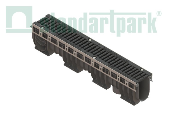 Лоток водоотводный PolyMax Drive DN100 h216 пластиковый с решеткой щелевой чугунной ВЧ кл.D (комплект) - Стандартпарк, рис. 1