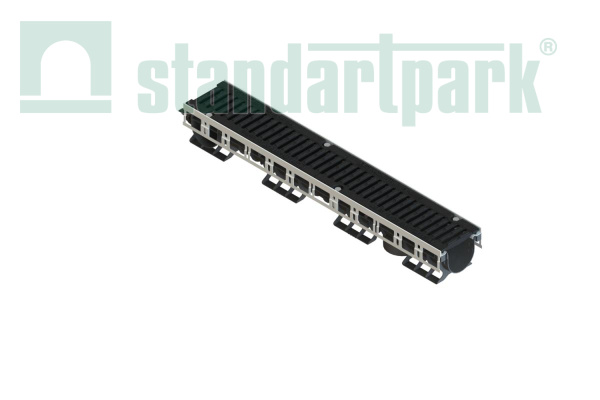 Лоток водоотводный  PolyMax Drive DN100 h136 пластиковый с решеткой щелевой чугунной ВЧ кл.D (комплект) - Стандартпарк, рис. 1
