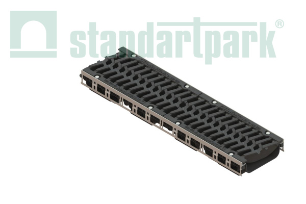 Лоток водоотводный пластиковый PolyMax Drive DN200 h97 с решеткой чугунной «шина» ВЧ кл. Е600 (к-т) - Стандартпарк, рис. 1