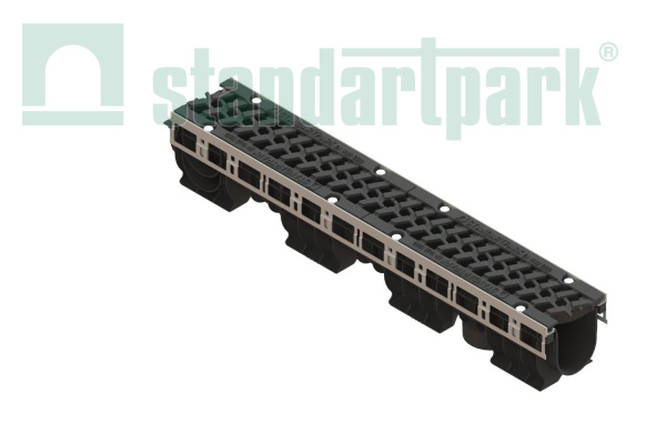 Лоток водоотводный PolyMax Drive DN100 h170 пластиковый с решеткой щелевой чугунной ВЧ кл. Е (комплект) - Стандартпарк, рис. 1