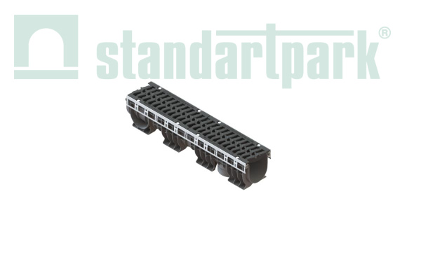 Лоток водоотводный пластиковый PolyMax Drive DN150 h216 с решеткой чугунной «шина» ВЧ кл.Е600 (к-т) - Стандартпарк, рис. 1