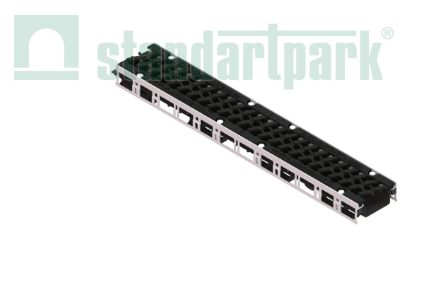 Лоток водоотводный PolyMax Drive DN100 h76 пластиковый с решеткой щелевой чугунной ВЧ кл. Е (комплект) - Стандартпарк, рис. 1