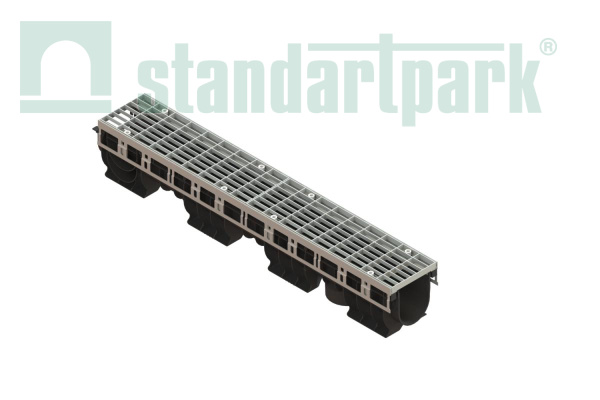 Лоток водоотводный PolyMax Drive DN100 h155 пластиковый с решеткой ячеистой ОС кл.А (комплект) - Стандартпарк, рис. 1
