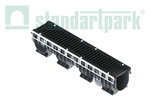 Лоток водоотводный пластиковый PolyMax Drive DN150 h216 с решеткой щелевой чугунной ВЧ кл.D400 (к-т) - Стандартпарк, рис. 1