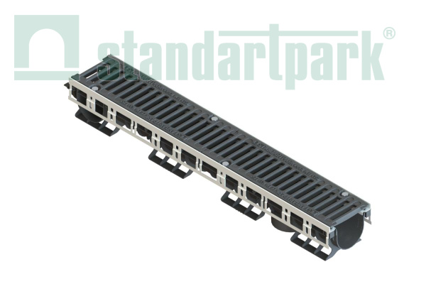 Лоток водоотводный PolyMax Drive DN100 h136 пластиковый с решеткой щелевой чугунной ВЧ кл.С (комплект) - Стандартпарк, рис. 1