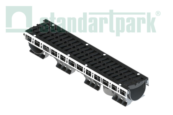 Лоток водоотводный пластиковый PolyMax Drive DN150 h166 с решеткой чугунной «шина» ВЧ кл.Е600 (к-т) - Стандартпарк, рис. 1