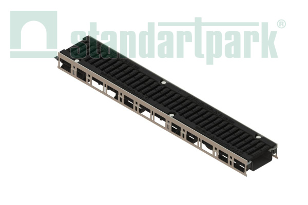Лоток водоотводный PolyMax Drive DN100 h76 пластиковый с решеткой щелевой чугунной ВЧ кл. D (комплект) - Стандартпарк, рис. 1