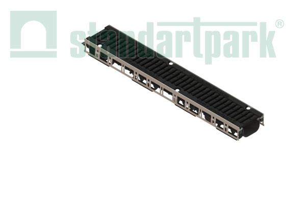 Лоток водоотводный PolyMax Drive DN100 h96 пластиковый с решеткой щелевой чугунной ВЧ кл.D (комплект) - Стандартпарк, рис. 1