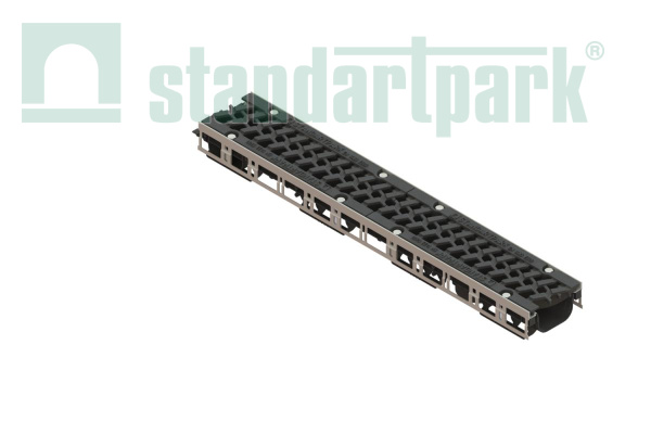 Лоток водоотводный PolyMax Drive DN100 h96 пластиковый с решеткой щелевой чугунной ВЧ кл. Е (комплект) - Стандартпарк, рис. 1