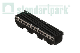 Лоток водоотводный пластиковый PolyMax Drive DN200 h217 с решеткой чугунной «шина» ВЧ кл. Е600 (к-т)1