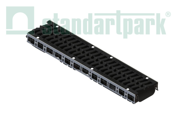 Лоток водоотводный пластиковый PolyMax Drive DN150 h96 с решеткой чугунной «шина» ВЧ кл.Е600 (к-т) - Стандартпарк, рис. 1
