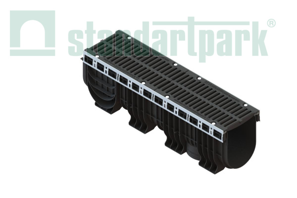 Лоток водоотводный пластиковый PolyMax Drive DN200 h317 с решеткой щелевой чугунной ВЧ кл.D400 (к-т) - Стандартпарк, рис. 1