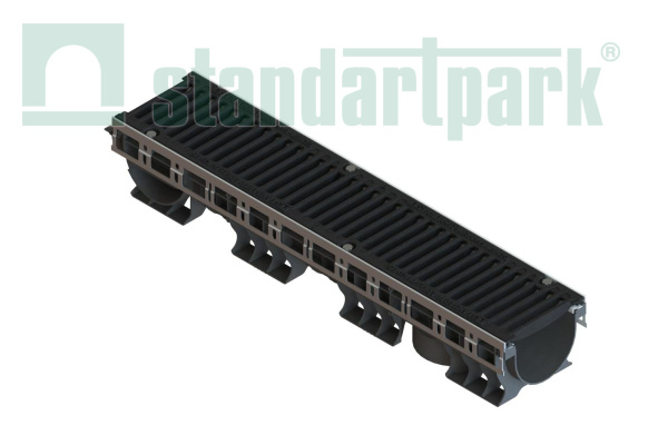 Лоток водоотводный пластиковый PolyMax Drive DN150 h166 с решеткой щелевой чугунной ВЧ кл.С250 (к-т) - Стандартпарк, рис. 1