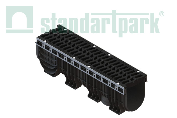 Лоток водоотводный пластиковый PolyMax Drive DN200 h317с решеткой чугунной «шина» ВЧ кл. Е600 (к-т) - Стандартпарк, рис. 1