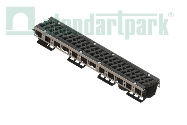 Лоток водоотводный  PolyMax Drive DN100 h136 пластиковый с решеткой щелевой чугунной ВЧ кл. Е (комплект) - Стандартпарк, рис. 1