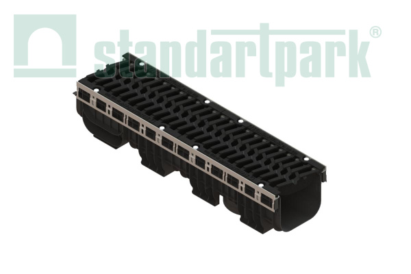 Лоток водоотводный пластиковый PolyMax Drive DN200 h217 с решеткой чугунной «шина» ВЧ кл. Е600 (к-т) - Стандартпарк, рис. 1
