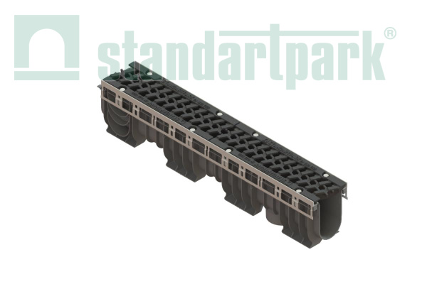 Лоток водоотводный PolyMax Drive DN100 h216 пластиковый с решеткой щелевой чугунной ВЧ кл.Е (комплект) - Стандартпарк, рис. 1
